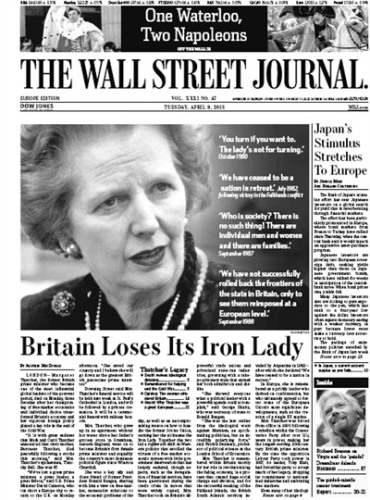 《華爾街日報》歐洲版頭版有關撒切爾離世報道 《華爾街日報》歐洲版頭版有關撒切爾離世報道